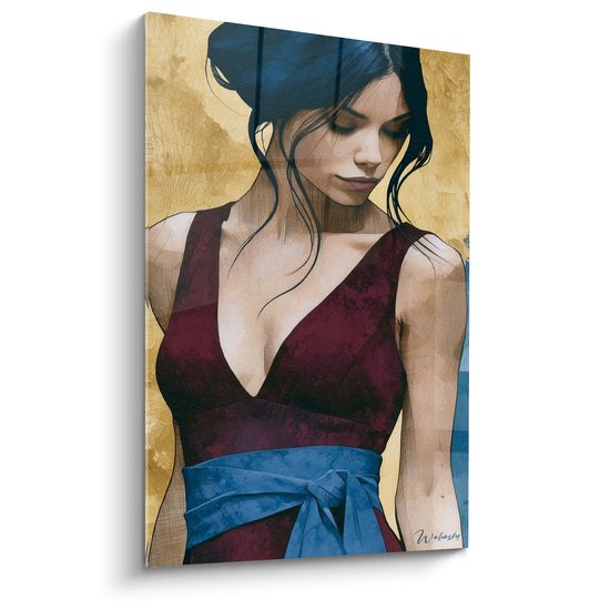Visage abstrait d'une femme en robe bordeaux, ceinture bleue et fond ocre doré texturé