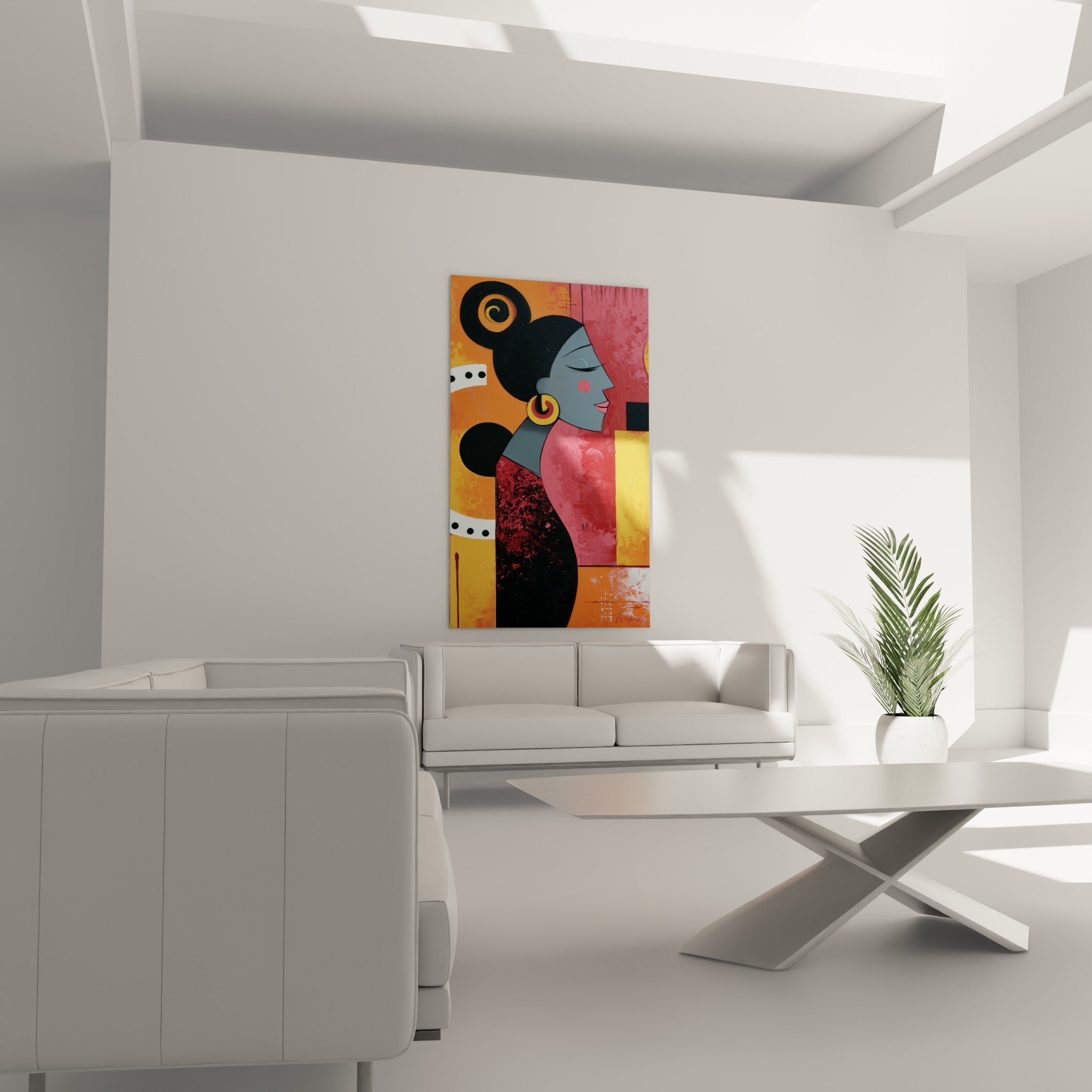 Portrait stylisé orange et gris, tableau visage abstrait au-dessus d'un canapé dans un salon lumineux