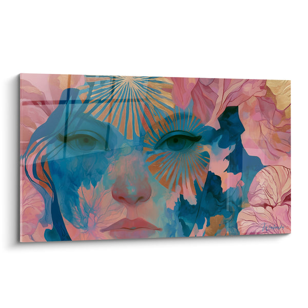 Tableau Visage rose et bleu aux rayons dorés - Pétales entrelacés en fond - Edition Visage abstrait