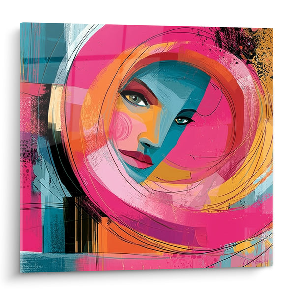 Tableau Visage rose et turquoise cerné d'un halo doré - Cercle concentrique orbital - Edition Visage abstrait