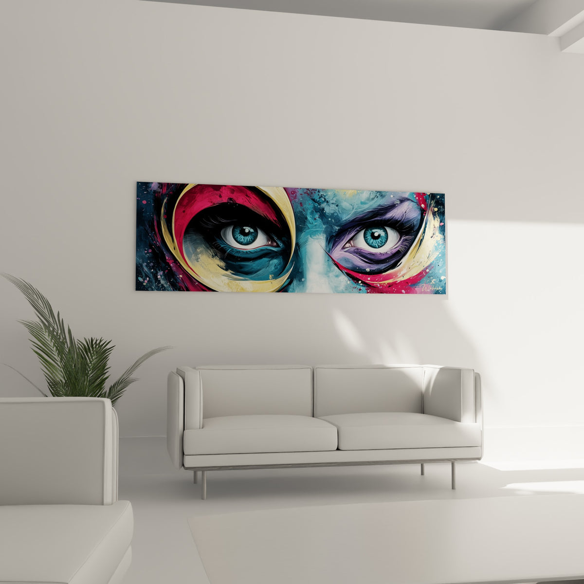 Regard bleu marine du visage abstrait, éclats roses et dorés, au-dessus d'un canapé dans un salon lumineux