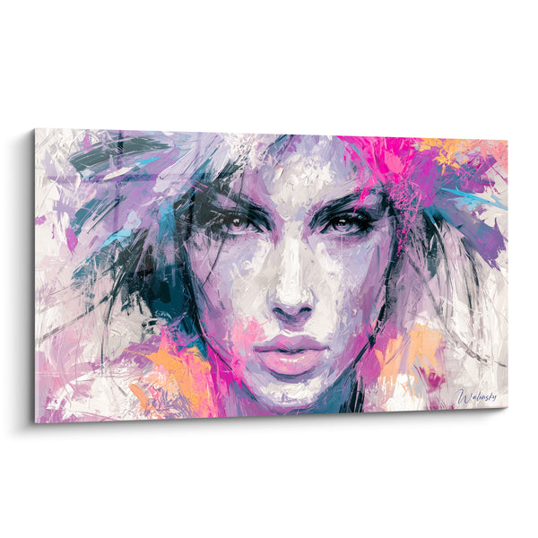 Tableau Visage blanc et fuchsia au regard perçant - Chevelure éclaboussée orangée - Edition Visage abstrait
