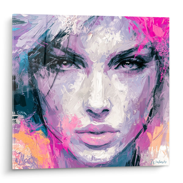 Tableau Visage rose et violet aux empâtements - Regard qui transperce - Edition Visage abstrait