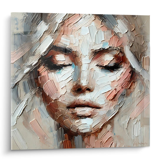 Visage abstrait aux teintes roses et grises, empâtements épais et regard baissé, œuvre en plein cadre