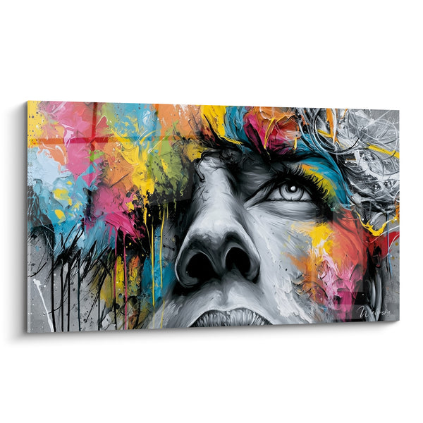 Tableau Visage gris et noir aux dents serrées - Explosion de couleurs vives - Edition Visage abstrait