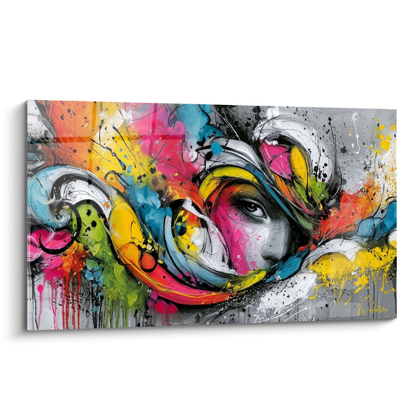 Tableau Visage rose et jaune aux volutes tourbillonnantes - Éclaboussures multicolores en spirale - Edition Visage abstrait