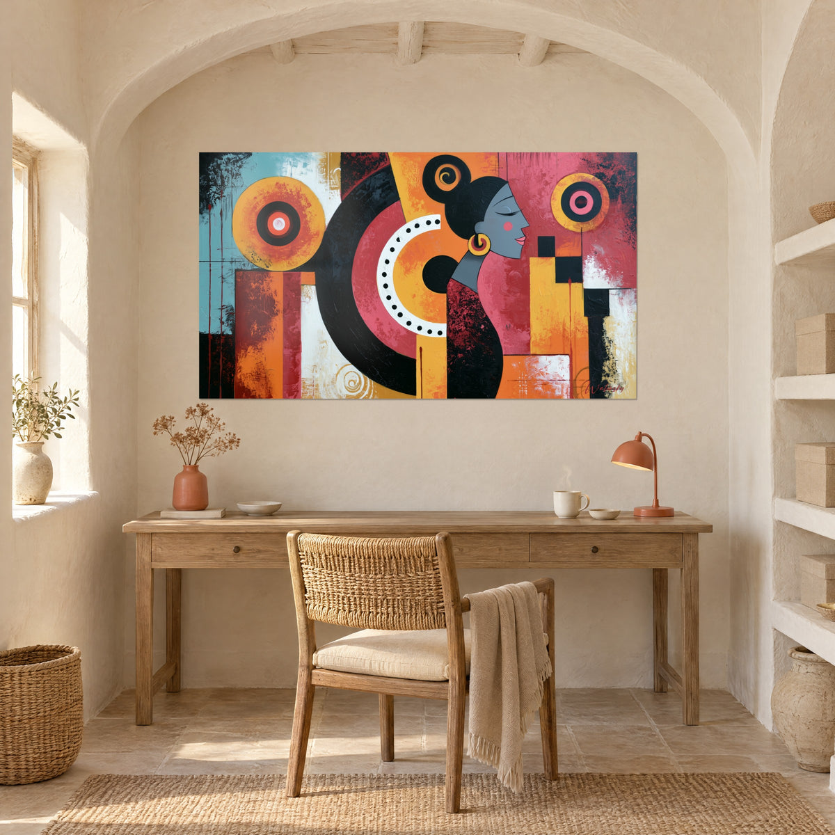 Quadro musa stilizzata in campiture nere, zafferano e rosa, sopra una scrivania in legno chiaro con lampada terracotta, studio mediterraneo