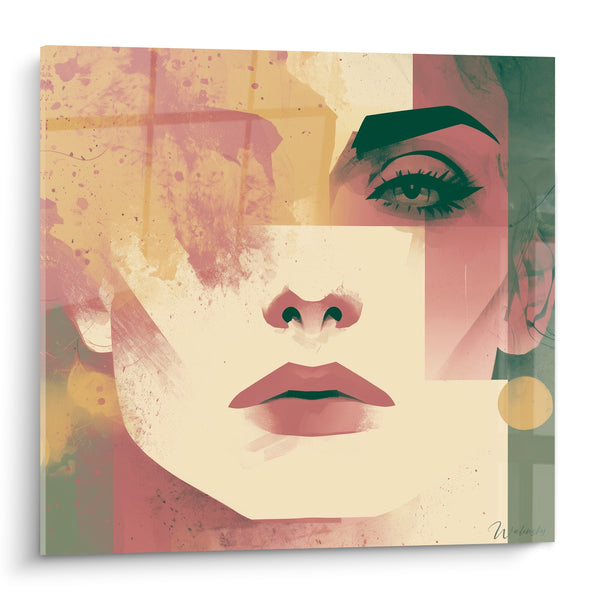 Tableau Visage rose et vert au sourcil épais - Cercle doré discret - Edition Visage abstrait