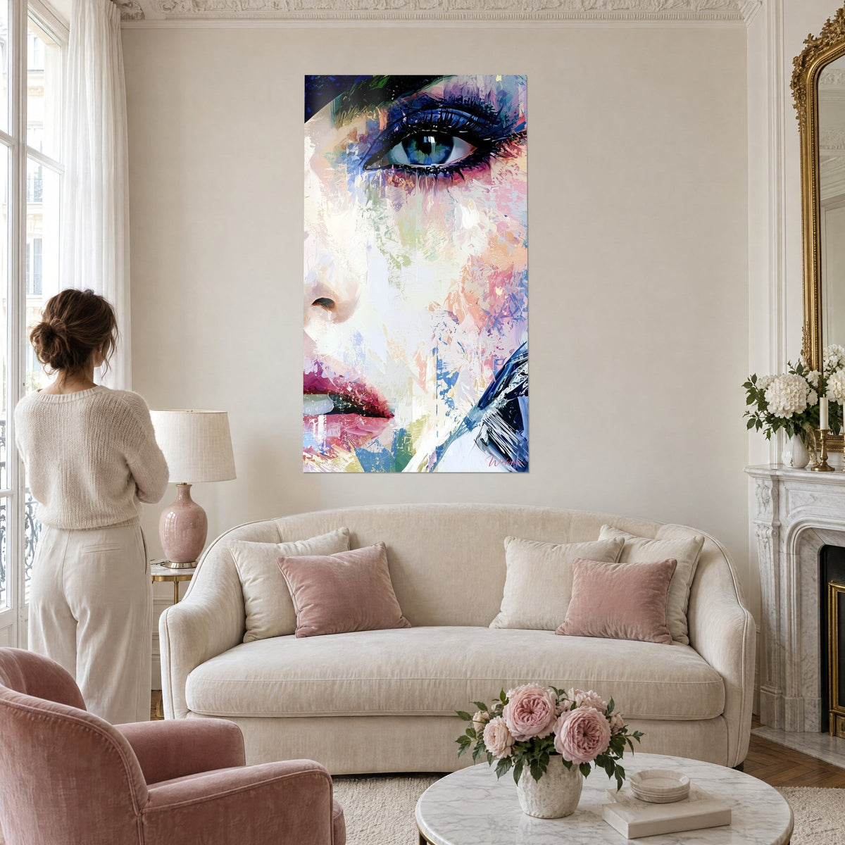 Wall art abstract female portrait, blue-green eye with black lashes and carmine lips on a pale pink background, above a sofa in a bright living room