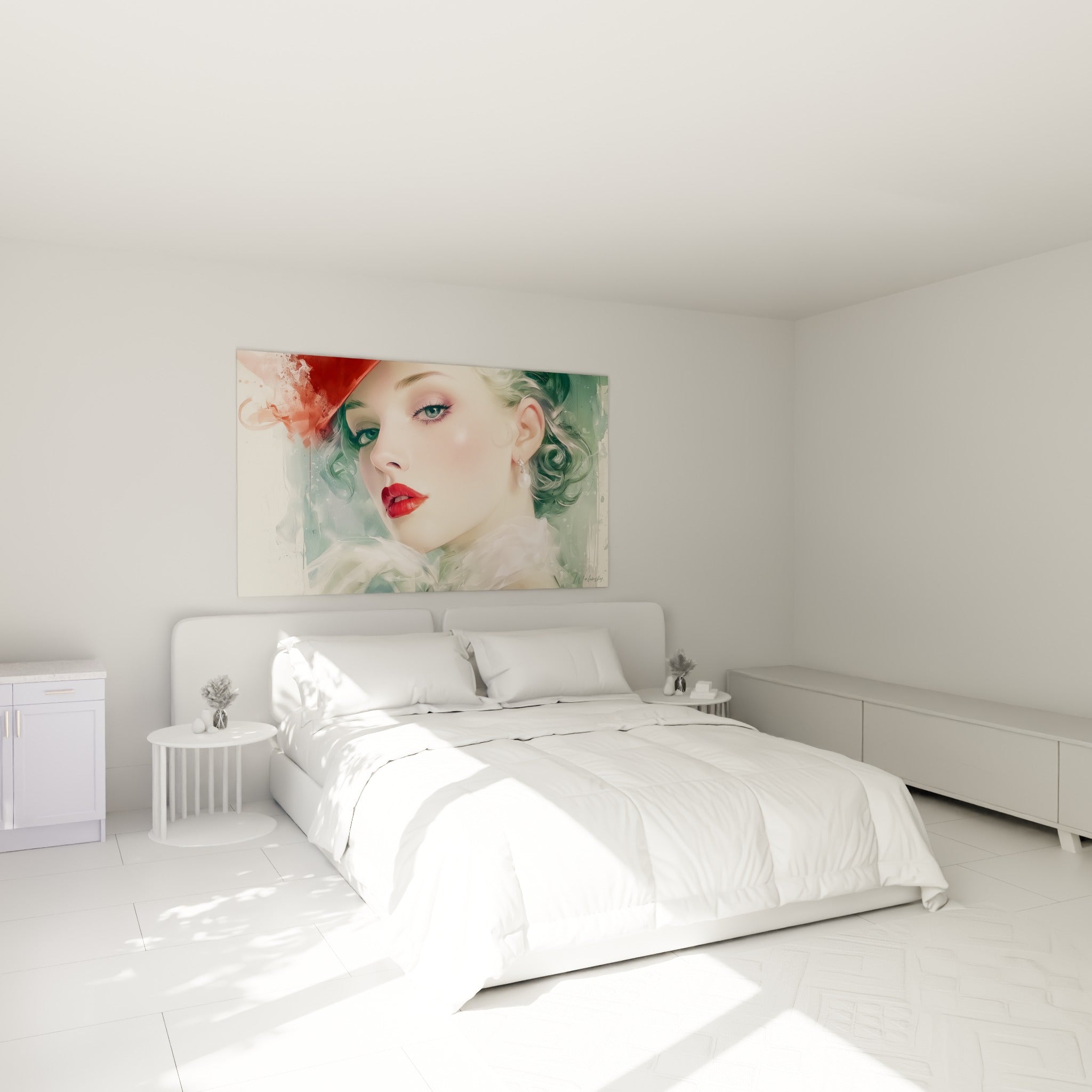 Portrait Visage abstrait aux teintes rose poudré et vert d'eau, accroché au-dessus d'un lit dans une chambre claire