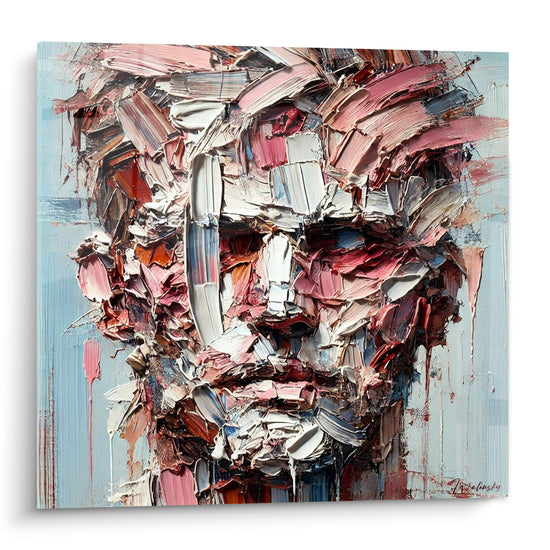 Visage abstrait aux empâtements rose poudré et blanc cassé sur fond bleu pastel texturé