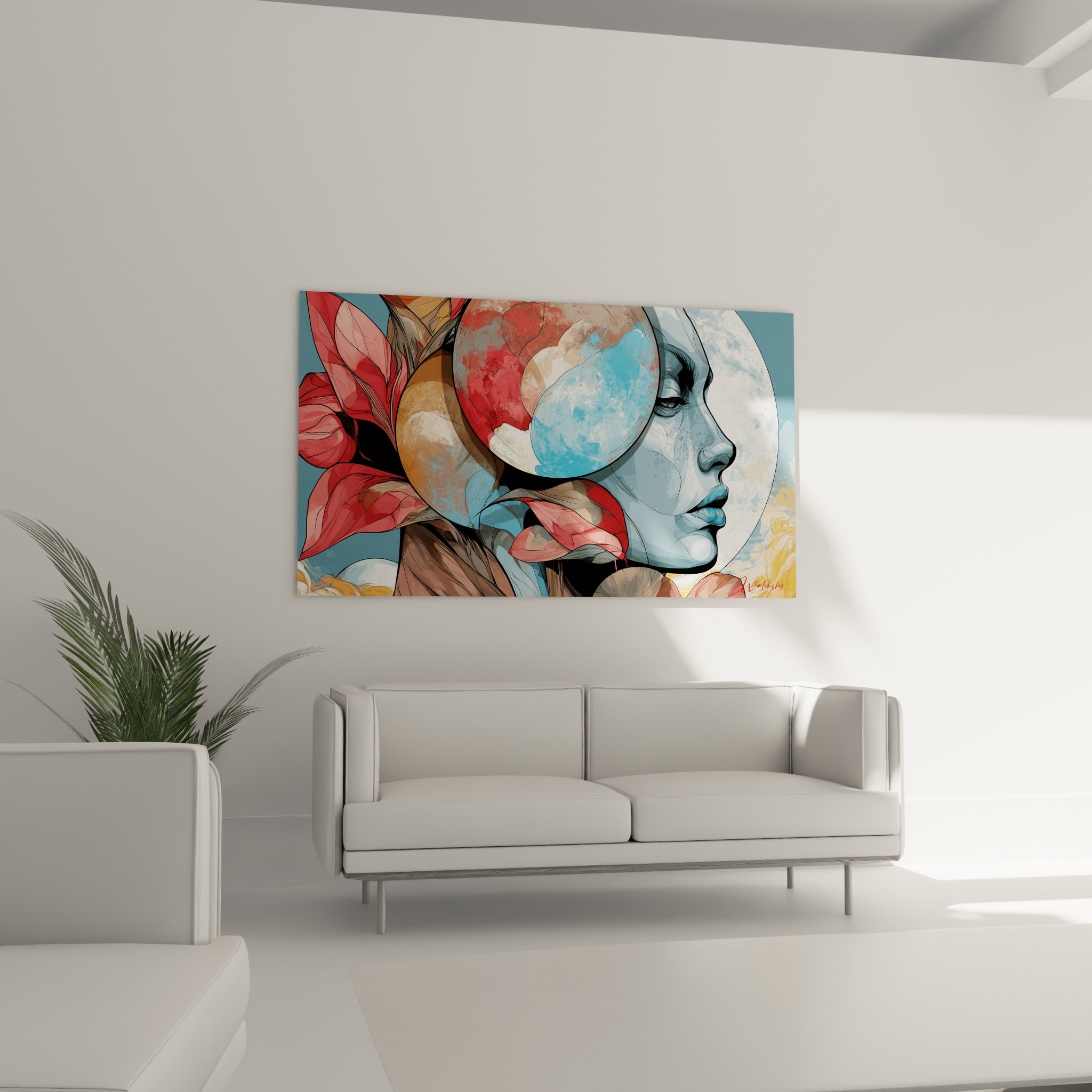 Visage abstrait bleu et rose poudré aux formes ovales accroché au-dessus d'un canapé dans un salon lumineux