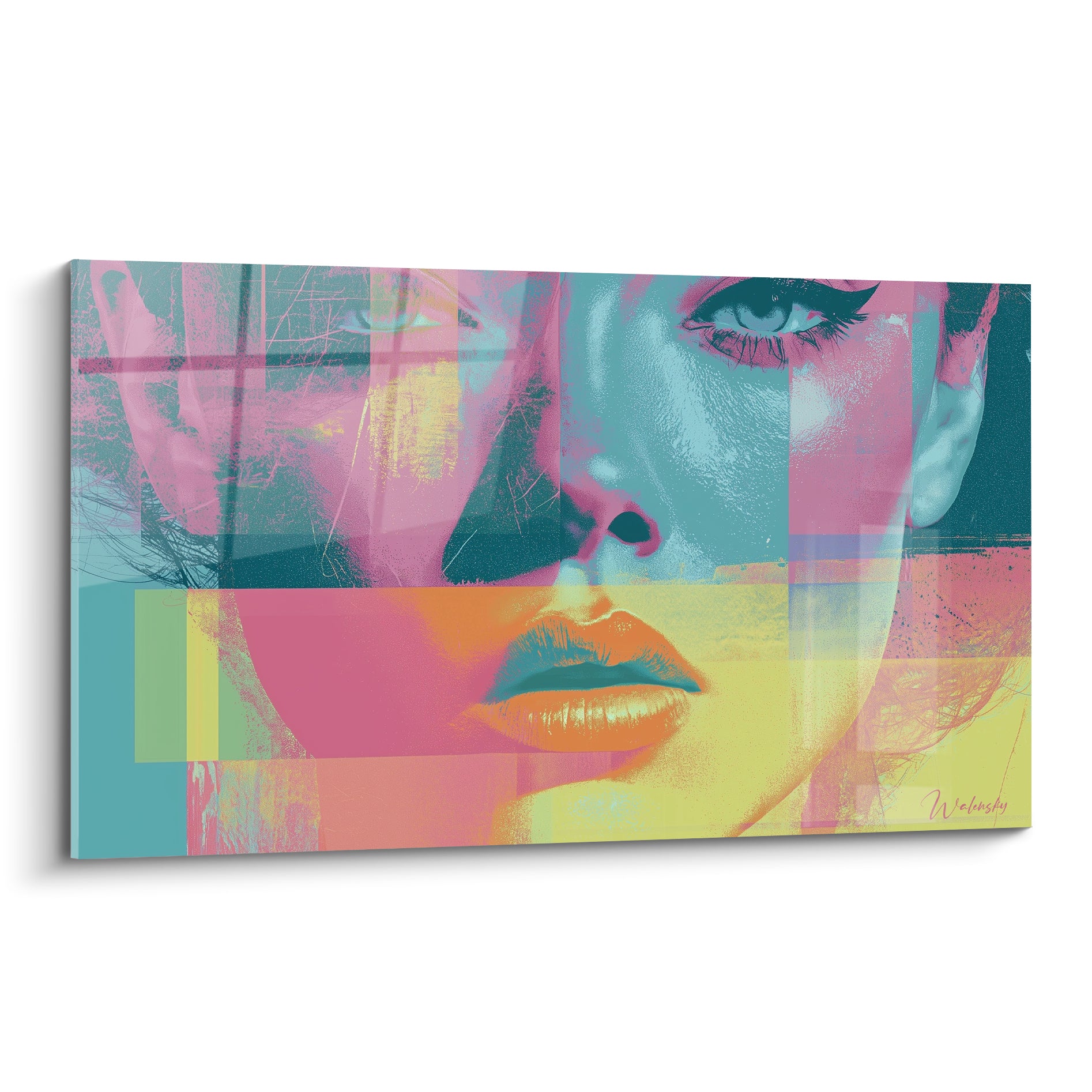 Visage abstrait aux bandes roses et turquoise, lèvres orangées, regard perçant souligné de noir