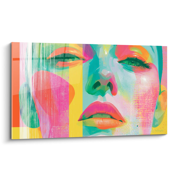 Tableau Visage rose et turquoise aux bandes multicolores - Regard vert émeraude - Edition Visage abstrait