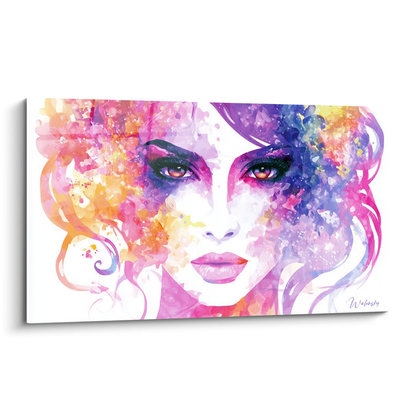 Tableau Visage rose et violet aux mèches aquarellées - Regard ambré perçant - Edition Visage abstrait