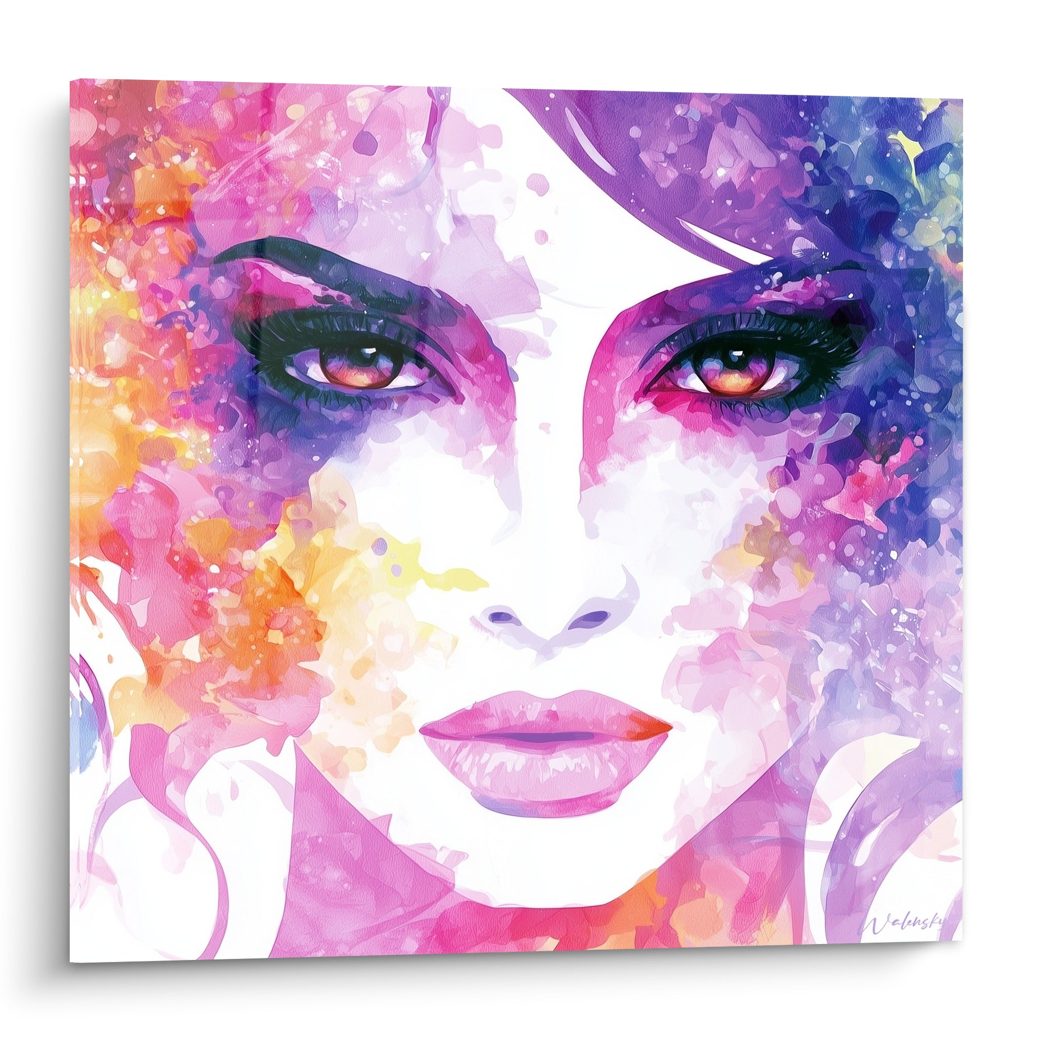 Visage abstrait rose et violet au regard marron intense, technique aquarelle éclatante sur fond blanc