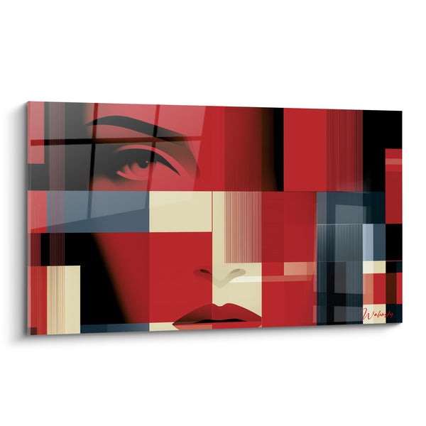 Tableau Visage rouge et ivoire aux blocs géométriques - Grille de rayures fines - Edition Visage abstrait