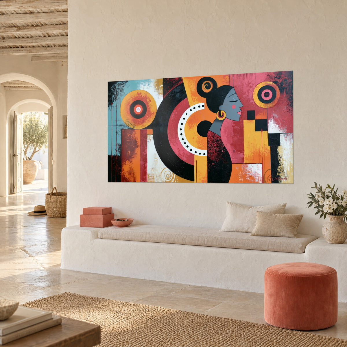 Quadro sagoma femminile stilizzata, arco di pois bianchi e campiture nere e arancioni, vista di tre quarti, su un muretto bianco del soggiorno