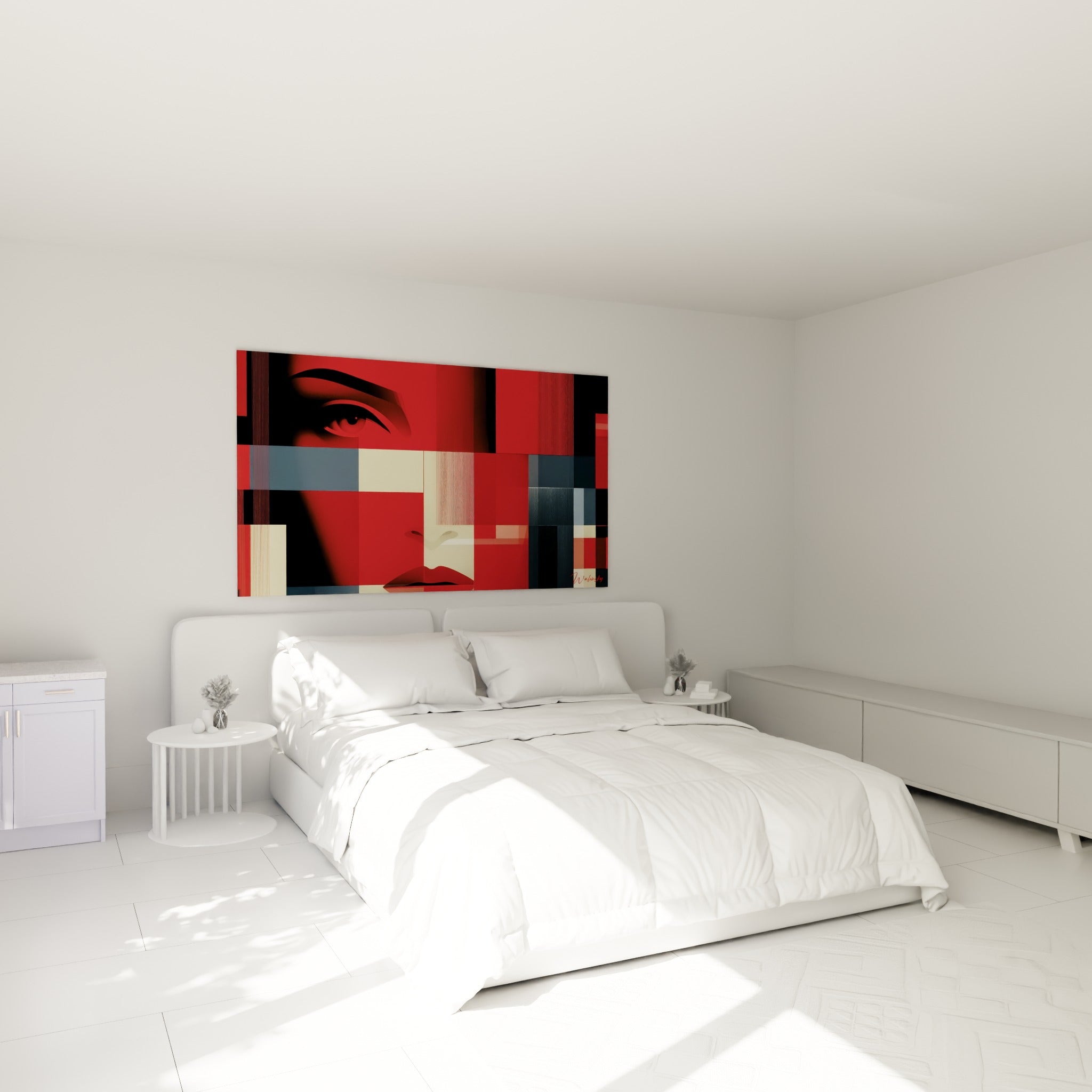 Portrait fragmenté rouge et crème du Visage abstrait, accroché au-dessus d'un lit dans une chambre claire