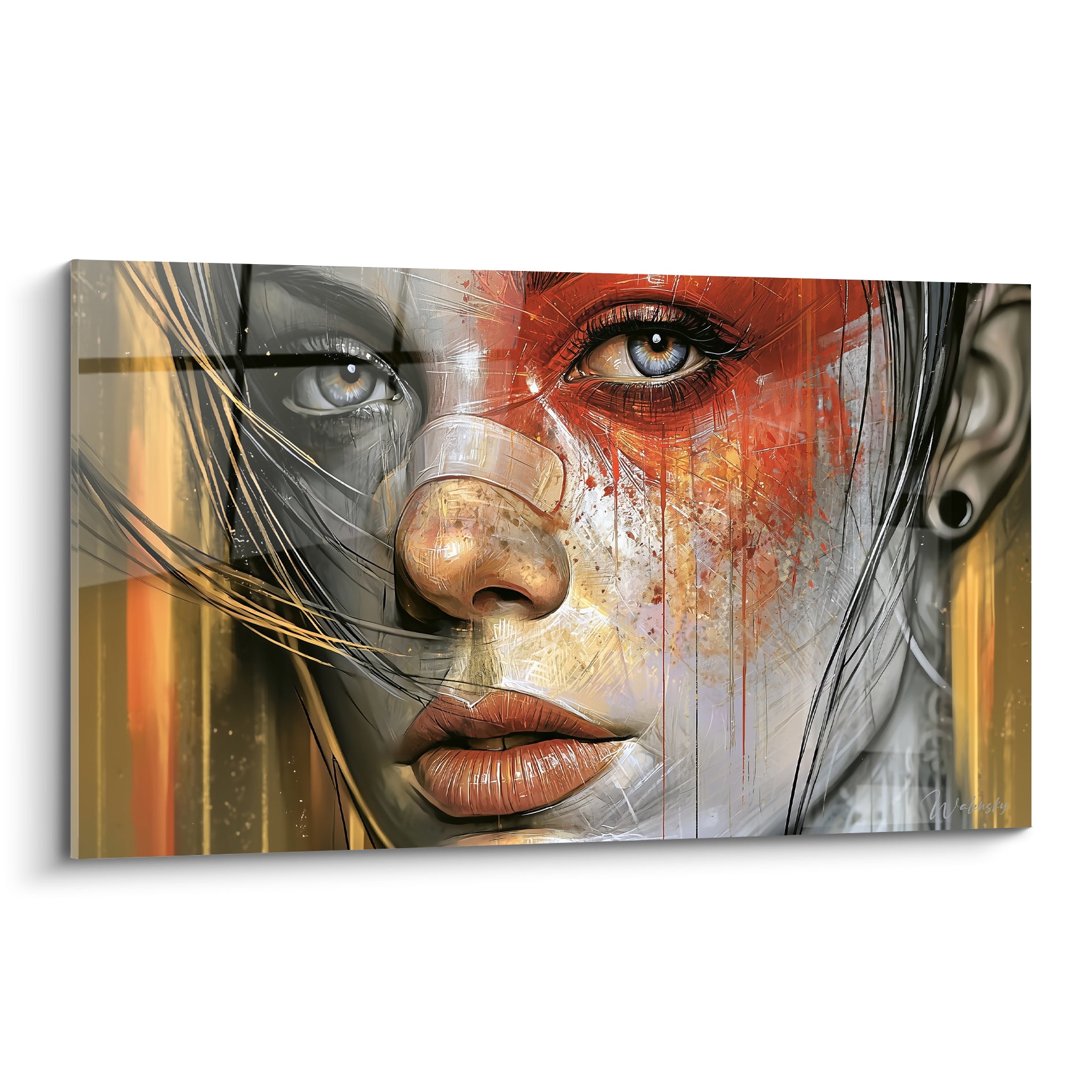 Visage abstrait au regard bleu perçant, moitié rouge sang et doré, moitié grise graphique