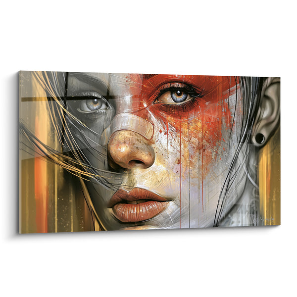 Tableau Visage moitié rouge et doré - Regard dédoublé - Edition Visage abstrait