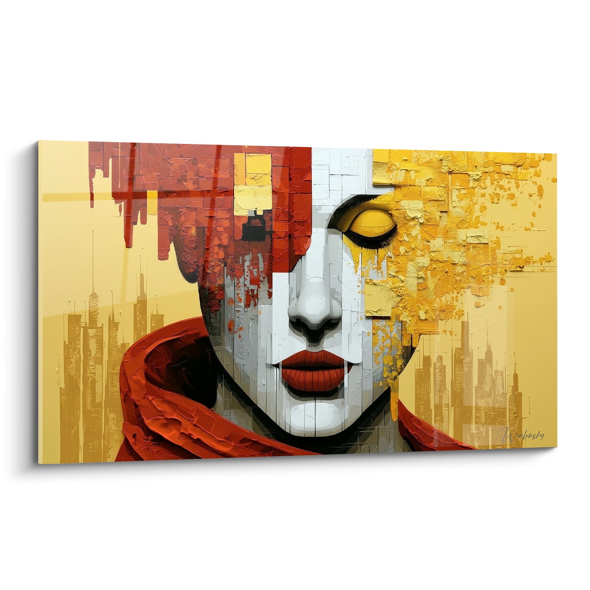 Visage abstrait aux teintes rouge terracotta et dorées, yeux clos, silhouette urbaine en fond, texture empâtée