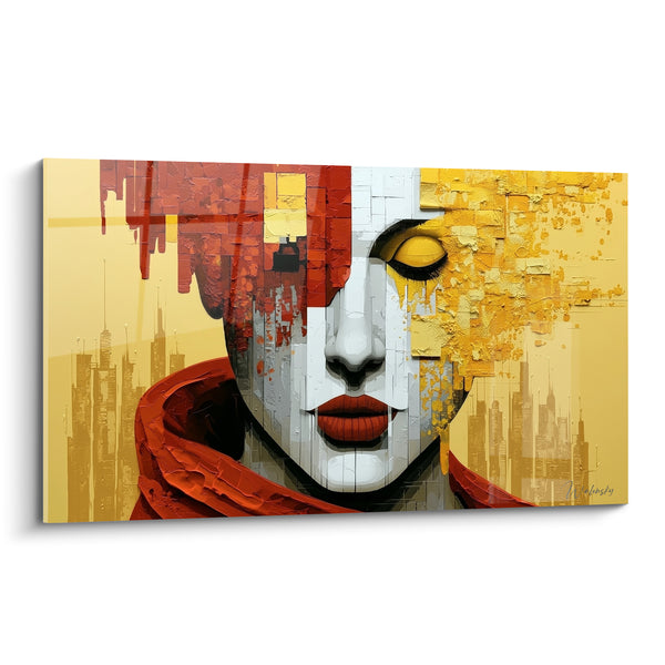 Tableau Visage fractionné rouge et doré - Silence citadin - Edition Visage abstrait