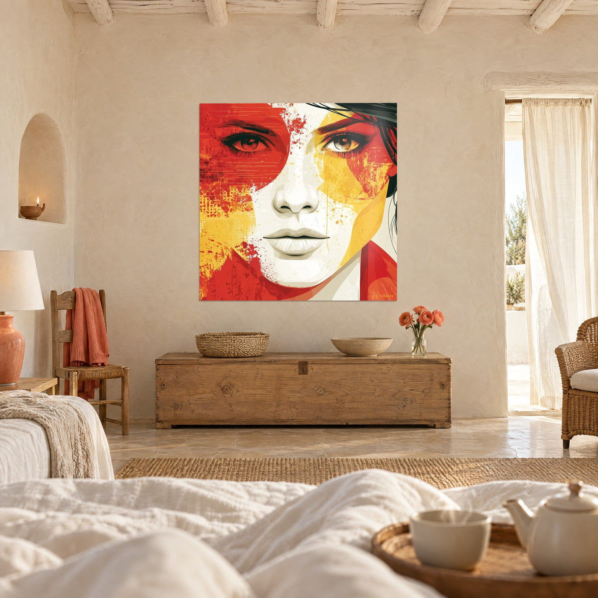 Schilderij gestileerd gezicht met donkere ogen, koraalrood en zonnegeel, boven een bed in een lichte slaapkamer