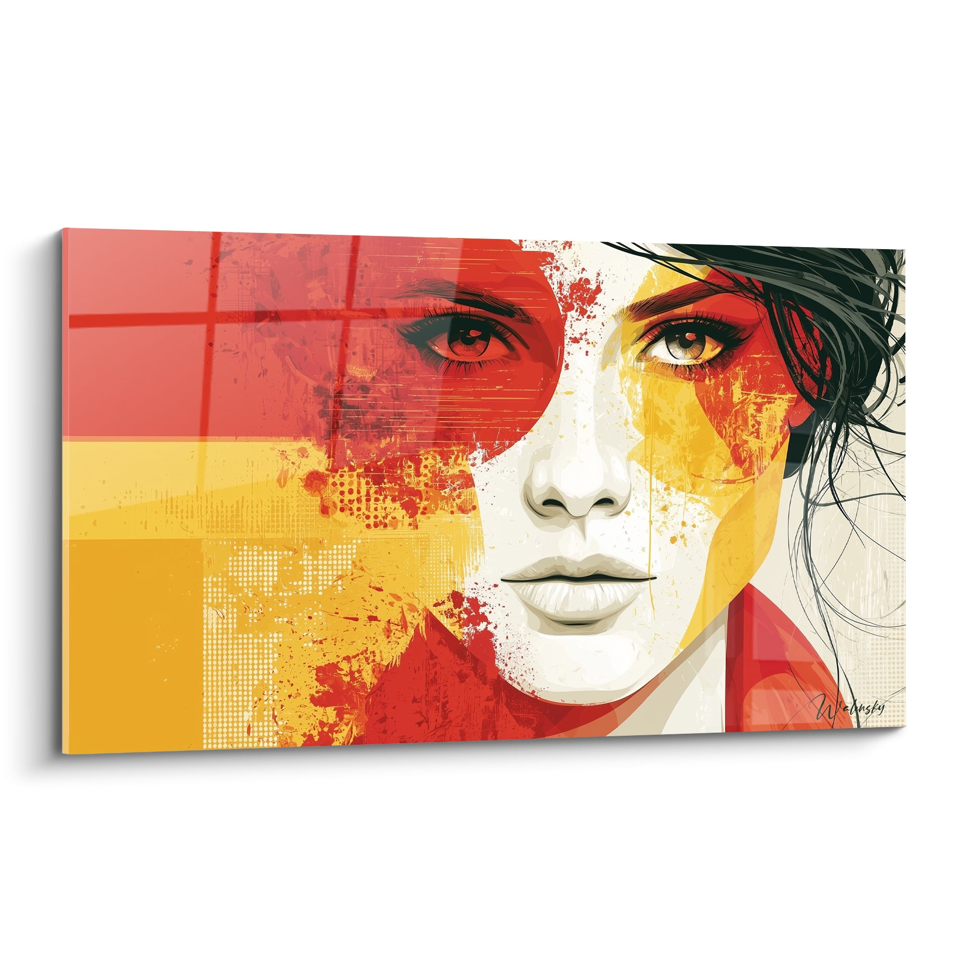 Visage abstrait aux teintes rouge et jaune, regard intense, éclaboussures graphiques sur fond clair