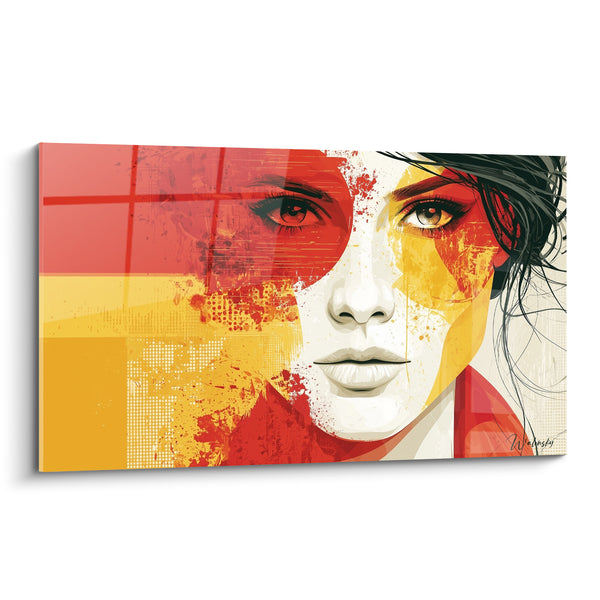 Tableau Visage rouge et jaune aux quadrillages superposés - Chevelure noire dénouée - Edition Visage abstrait