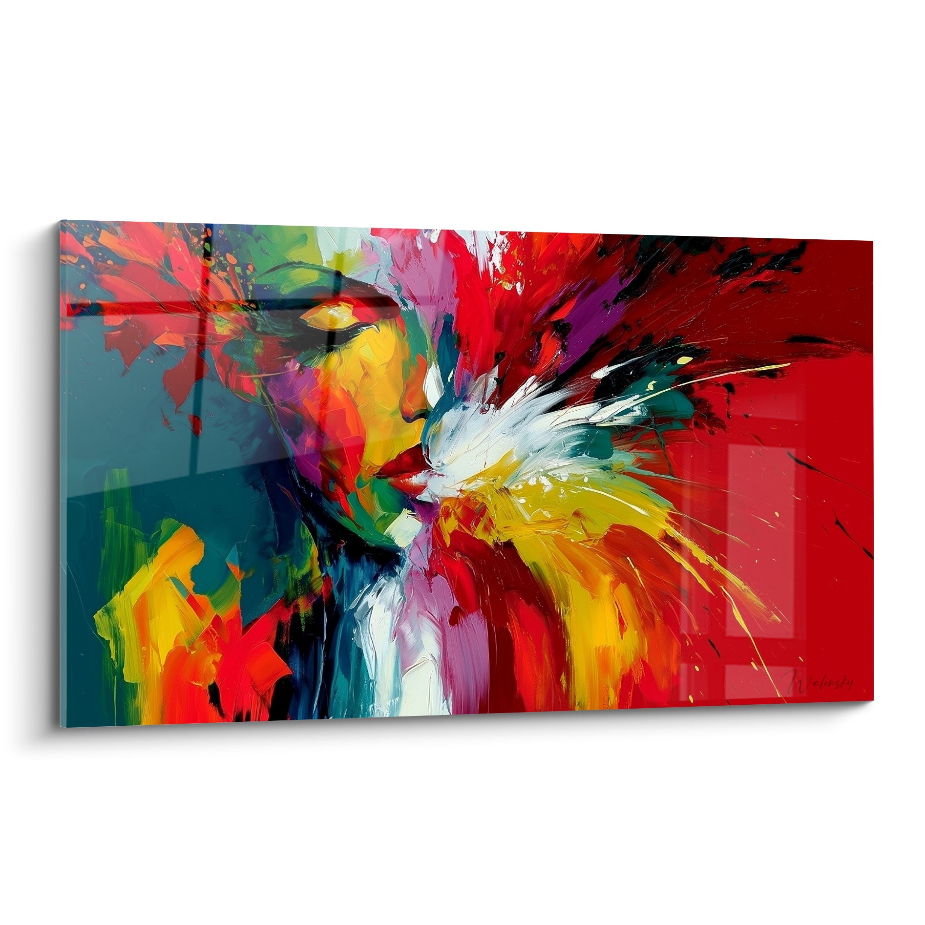 Visage abstrait au profil doré, explosion de rouge, jaune et bleu pétrole en peinture expressive