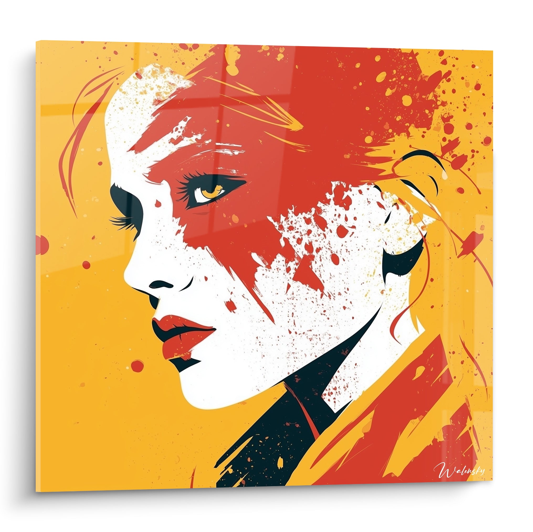 Visage abstrait de profil, rouge vif et jaune ocre éclaboussés, style pop art graphique