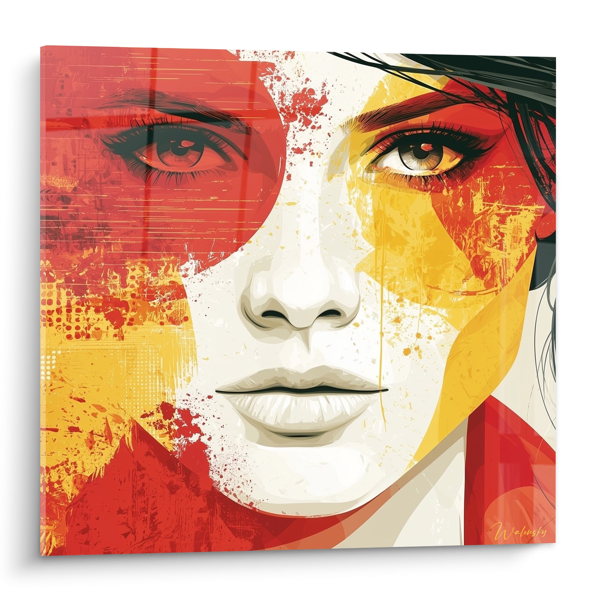 Visage abstrait rouge vermillon et jaune moutarde, regard intense et éclaboussures picturales