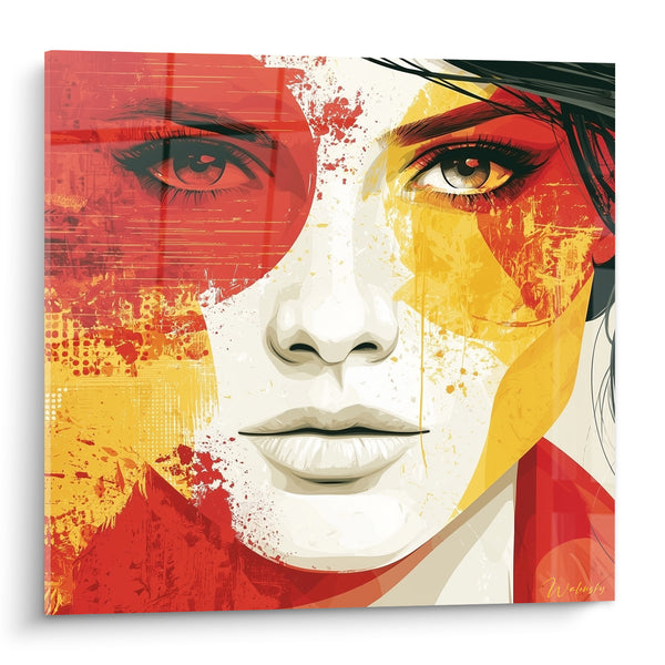 Tableau Portrait rouge et jaune aux éclaboussures picturales - Regard incandescent - Edition Visage abstrait
