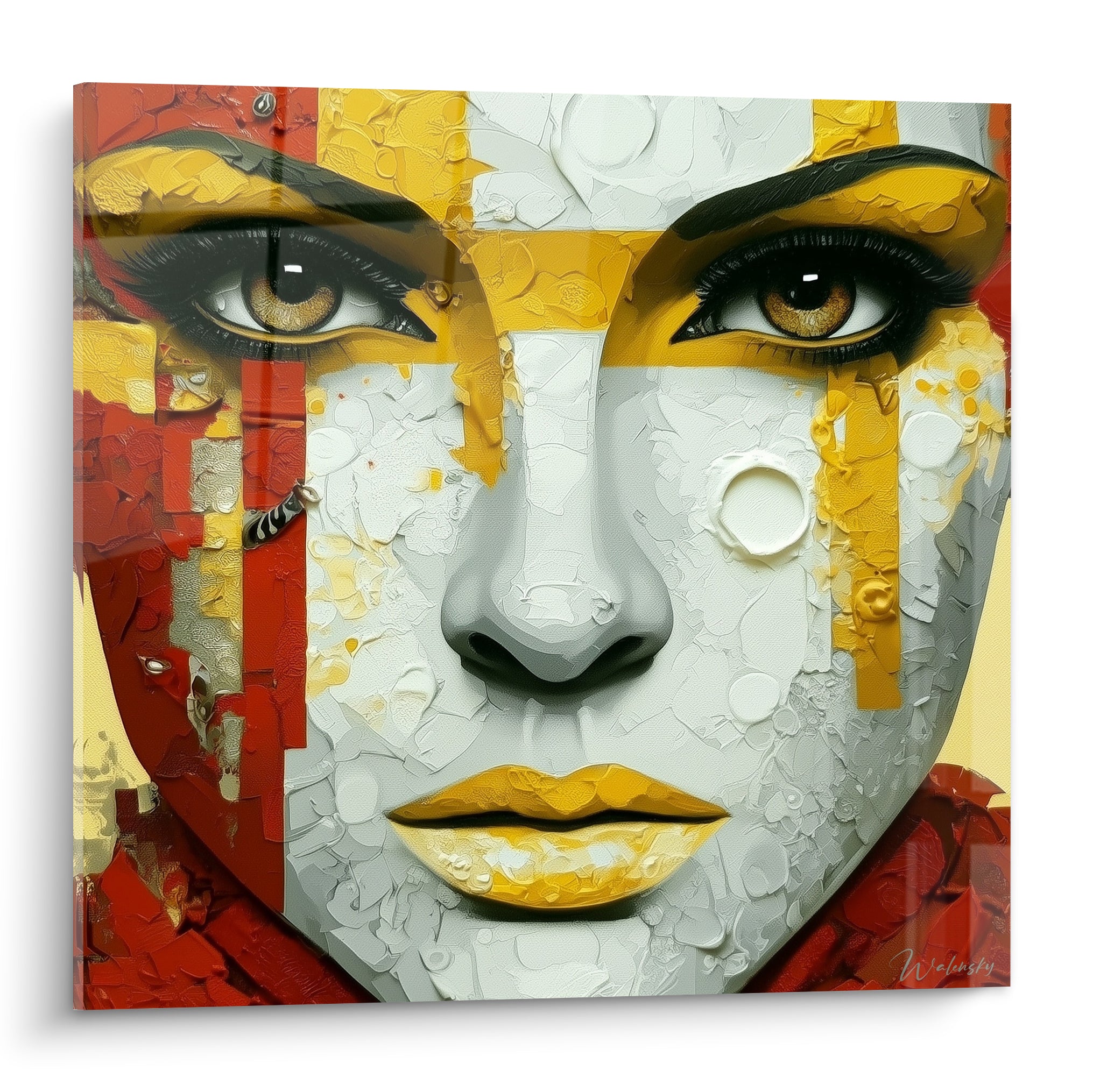 Visage abstrait aux bandes rouge brique et jaune safran, regard ambré, matière peinte épaisse