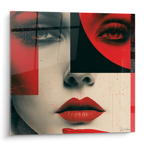 Tableau Visage aux lèvres rouges et formes géométriques noires - Fragments de séduction - Edition Visage abstrait