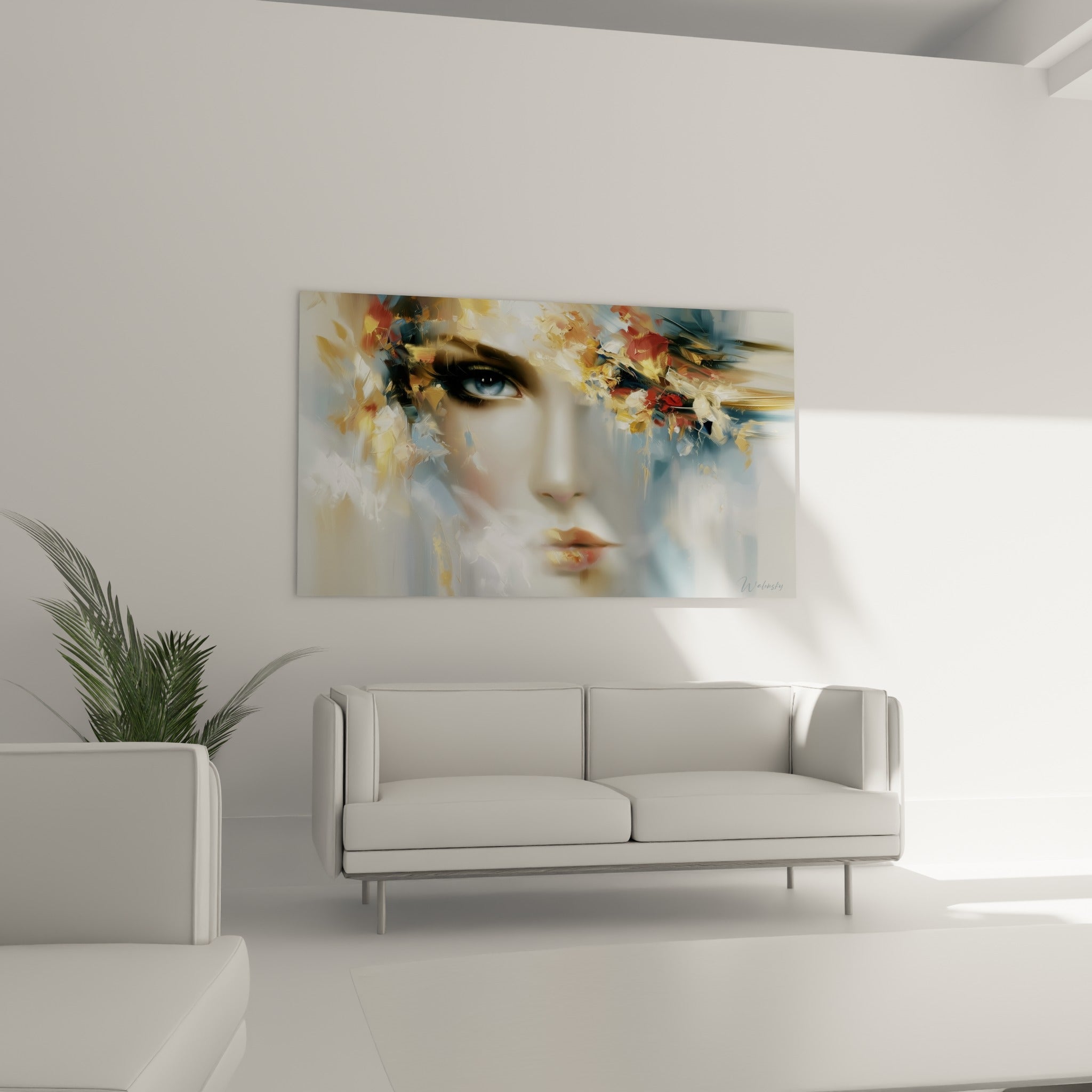 Regard bleu perçant entouré de touches ocre et rouge, suspendu au-dessus d'un canapé dans un salon lumineux