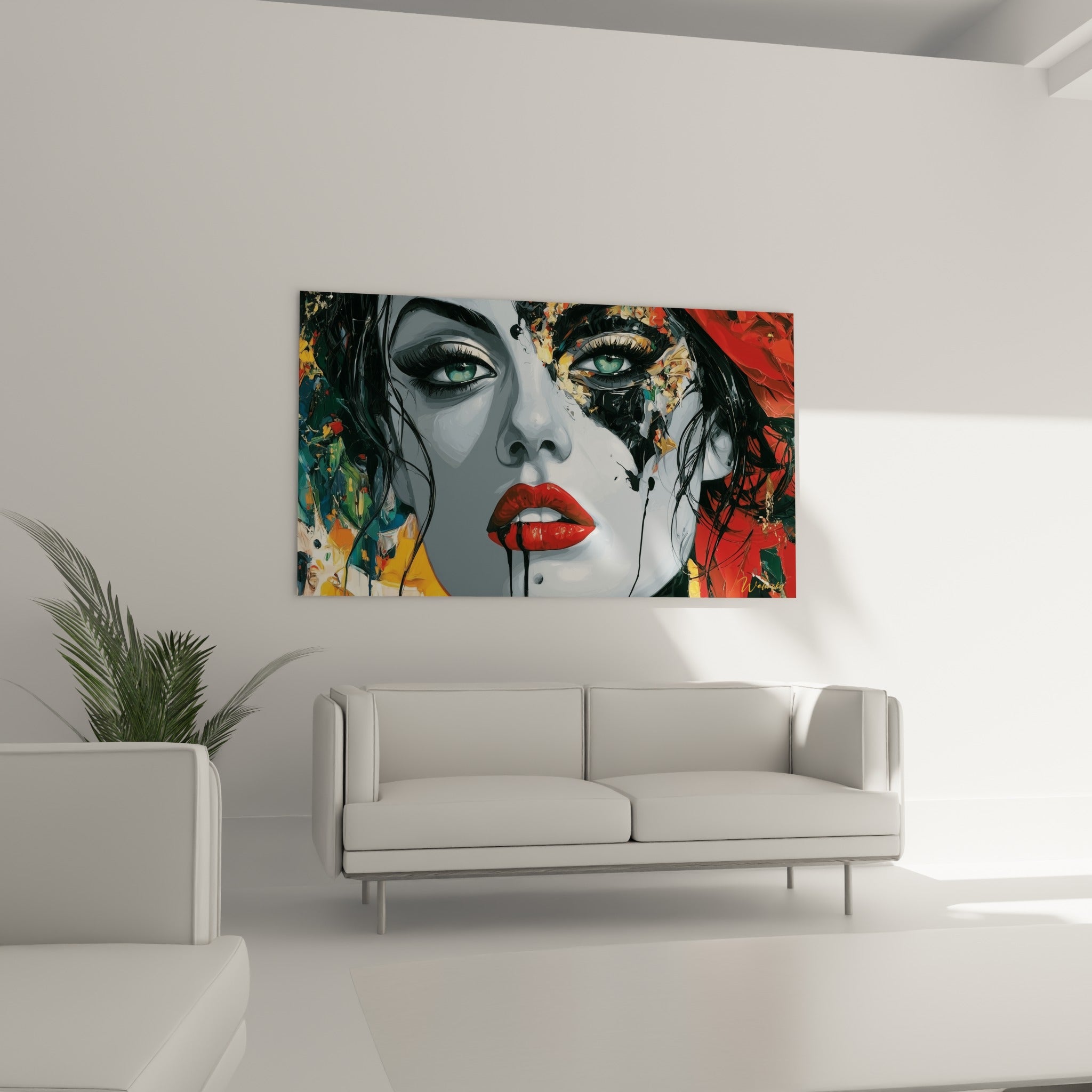 Regard émeraude et lèvres écarlates du visage abstrait au-dessus d'un canapé dans un salon lumineux