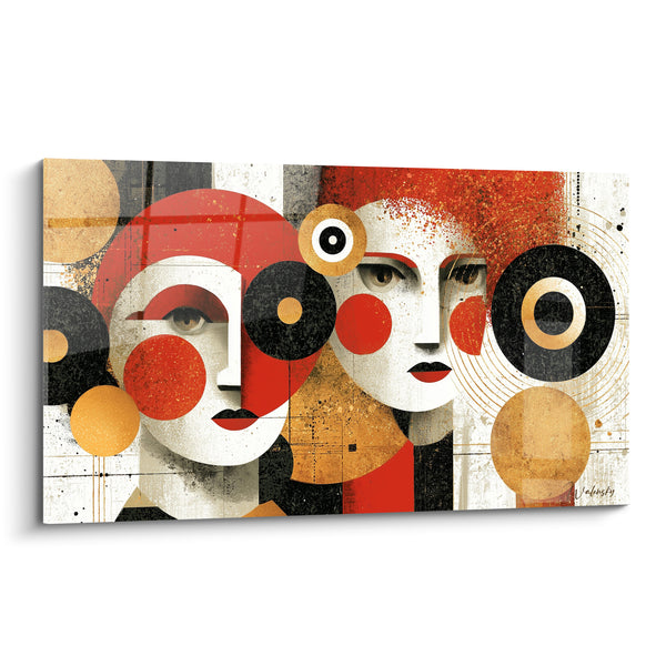 Tableau Deux visages géométriques rouge et or - Dialogue muet - Edition Visage abstrait