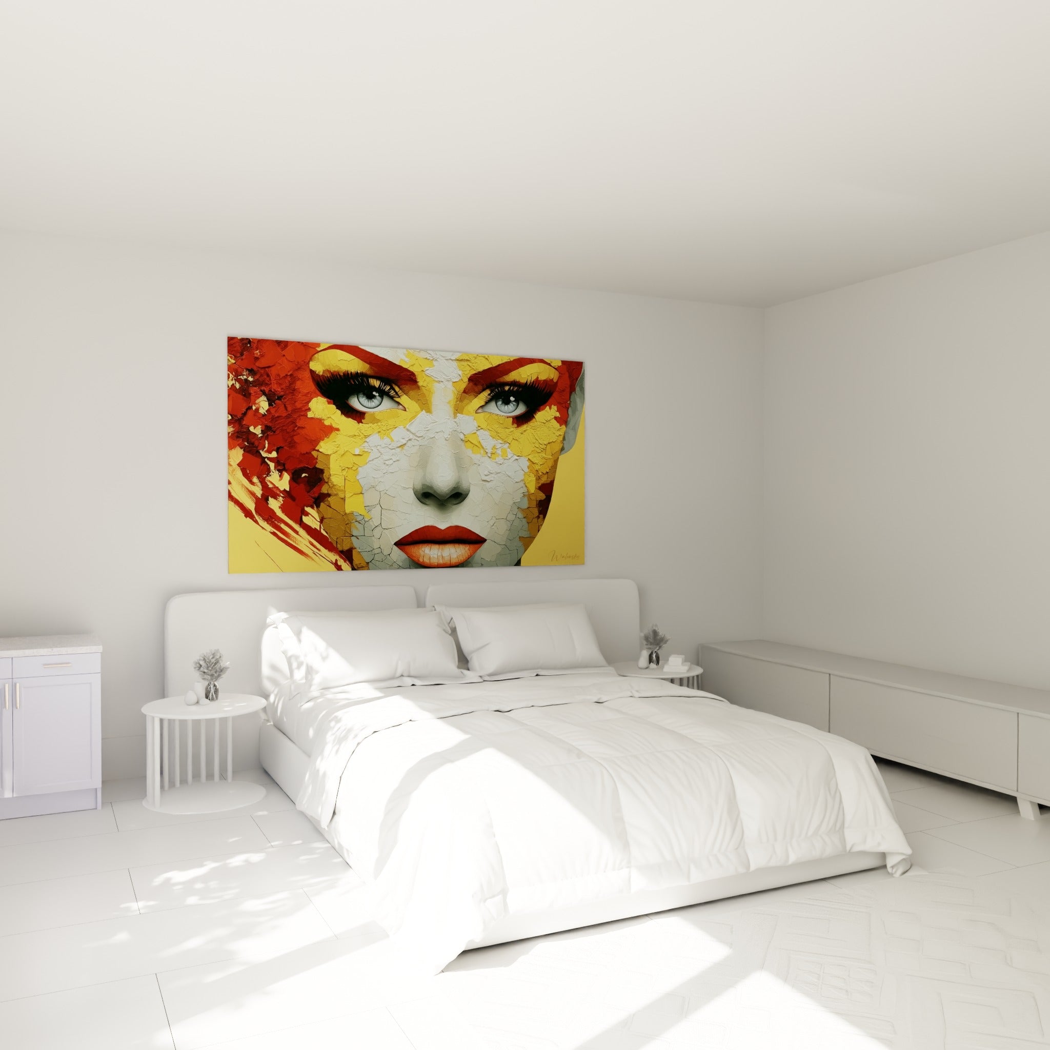 Regard bleu perçant sur visage craquelé ocre et rouge, accroché au-dessus d'un lit dans une chambre claire