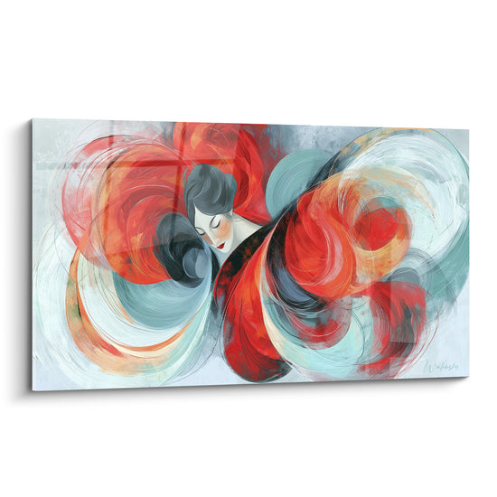 Visage abstrait féminin aux volutes rouge vermillon et bleu sarcelle, yeux clos et pose sereine