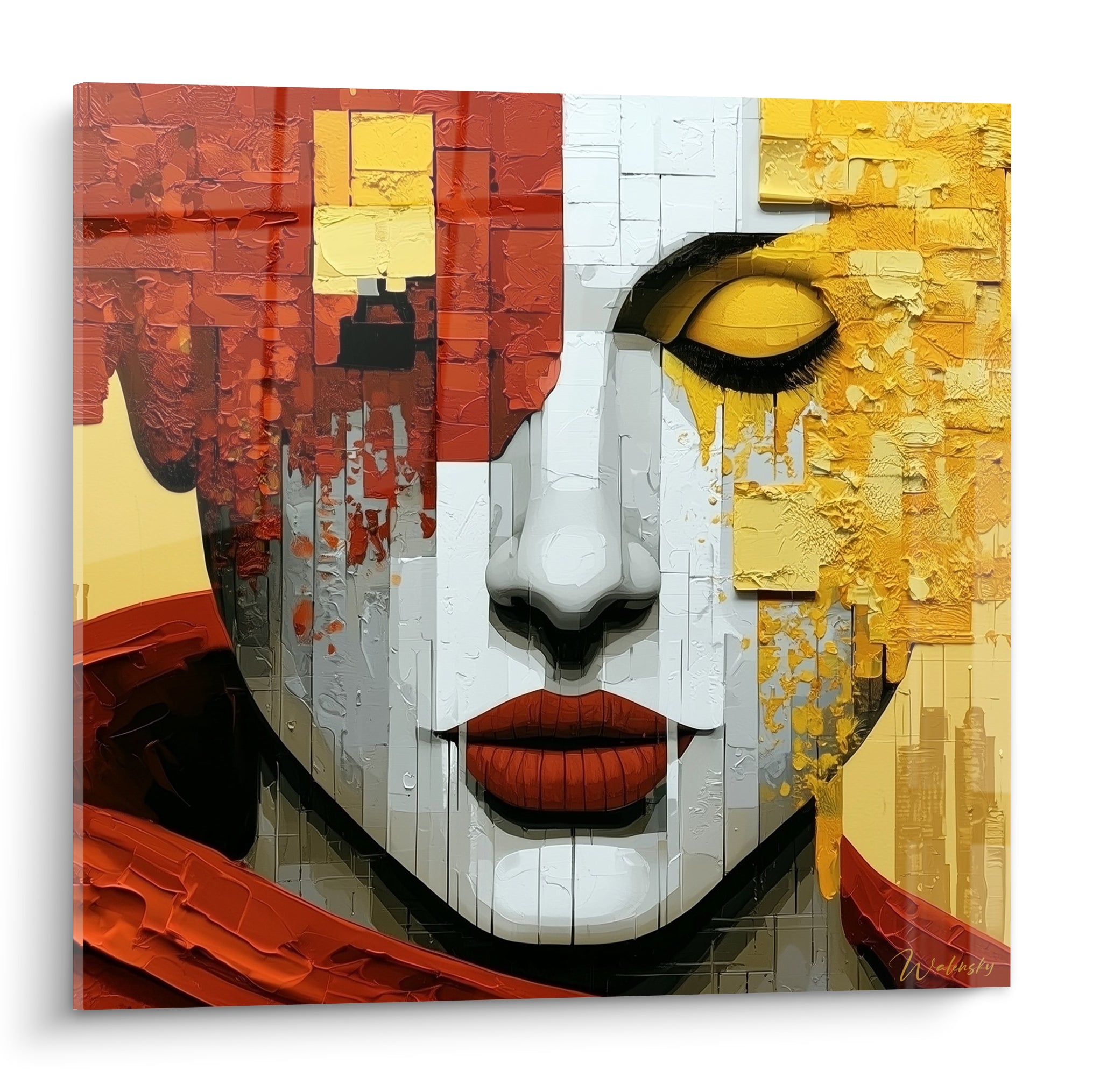 Visage abstrait aux teintes rouille et dorées, paupières closes, lèvres rouges et texture empâtée
