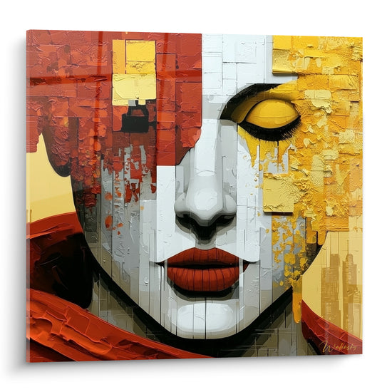 Visage abstrait aux teintes rouille et dorées, paupières closes, lèvres rouges et texture empâtée