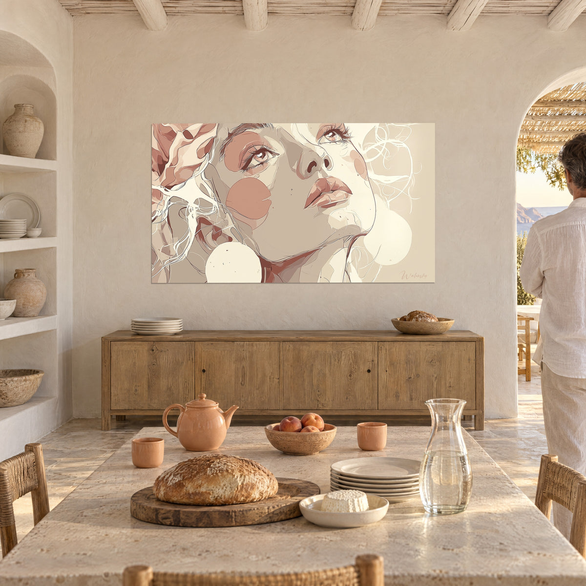 Schilderij vrouwelijke figuur naar het licht gewend, roze bloemblaadjes en lichtbeige cirkels, in de eetkamer van een Mediterraans huis