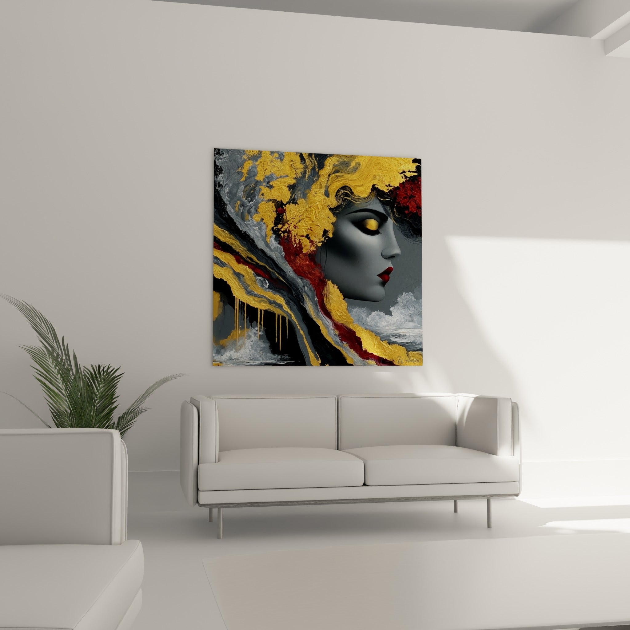 Profil gris et or d'un visage abstrait au-dessus d'un canapé dans un salon lumineux
