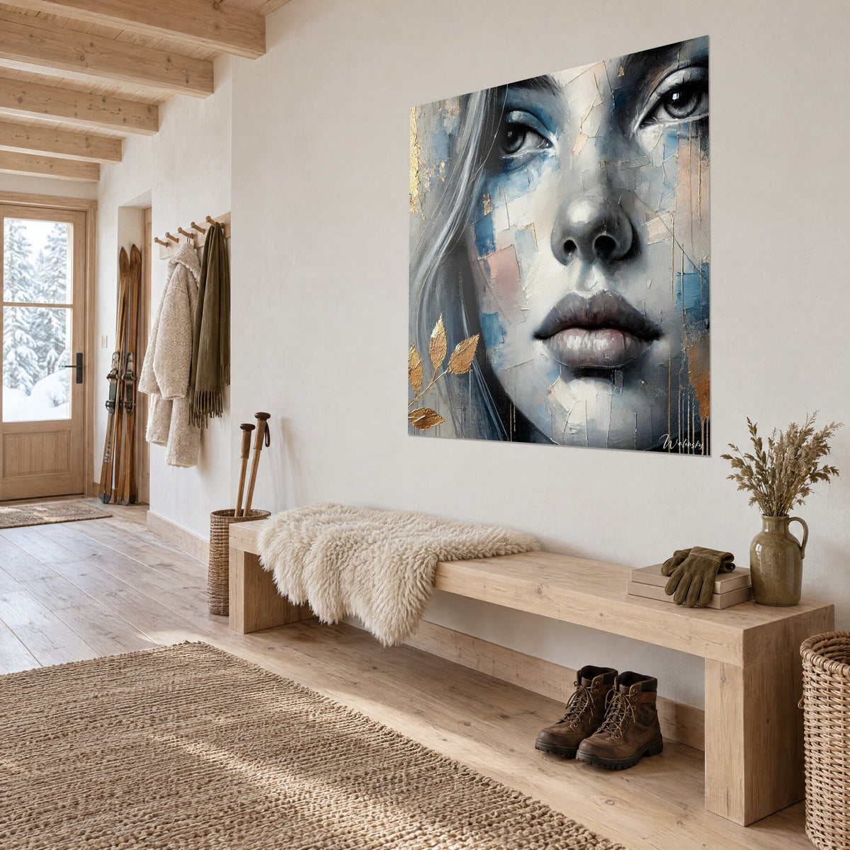Gemälde eines Frauenporträts mit grauen Lippen, blauen und blassrosa Flecken, goldenen Blättern, im Eingangsbereich eines Chalets
