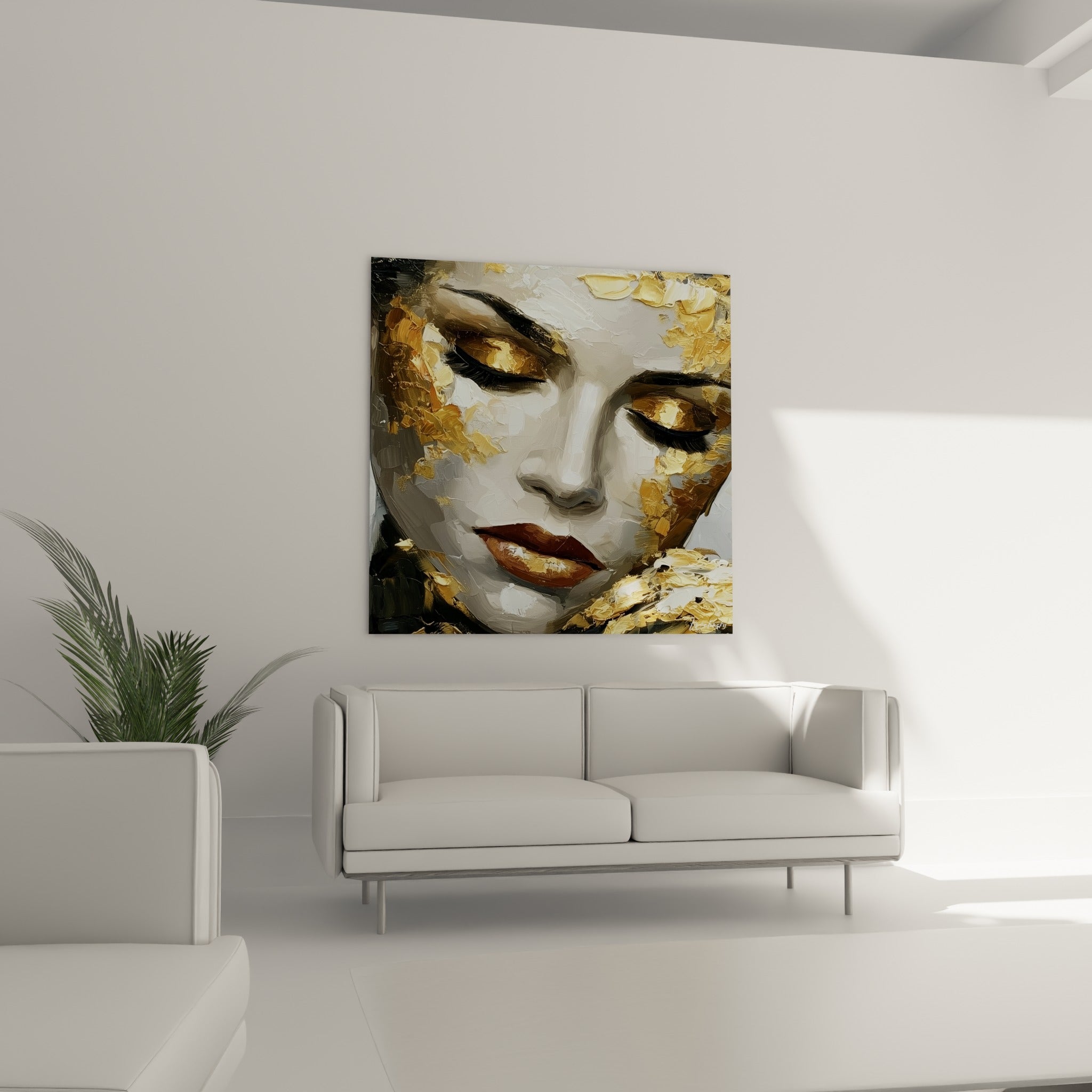 Visage ivoire et or aux traits sereins, disposé au-dessus d'un canapé dans un salon lumineux