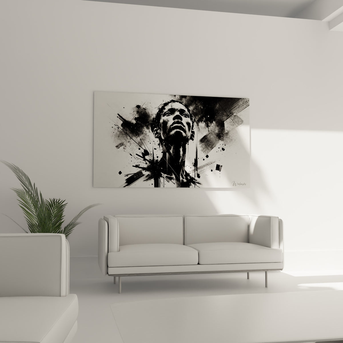 Figure abstraite en noir profond et blanc lumineux accrochée au-dessus d'un canapé dans un salon lumineux