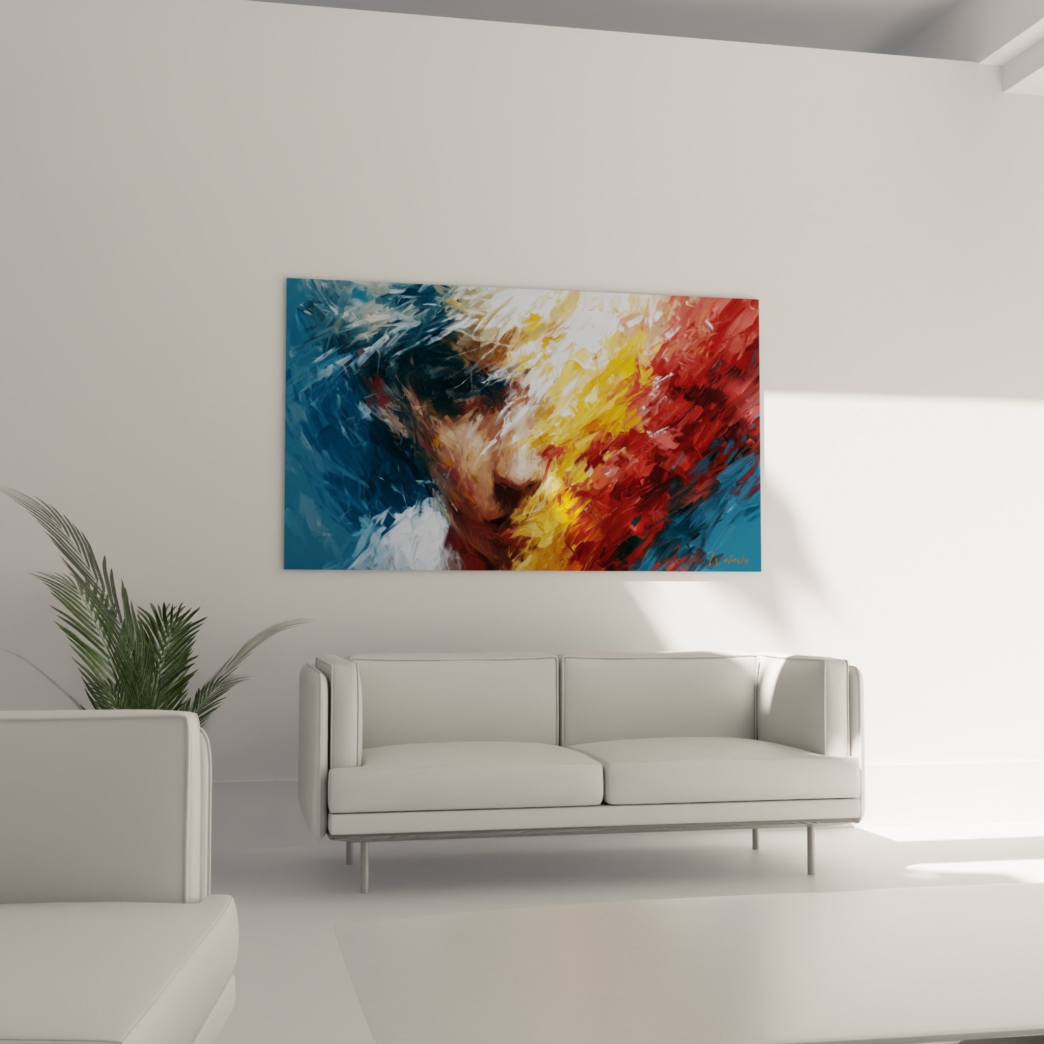 Composition expressive bleu profond et jaune doré suspendue au-dessus d'un canapé dans un salon lumineux