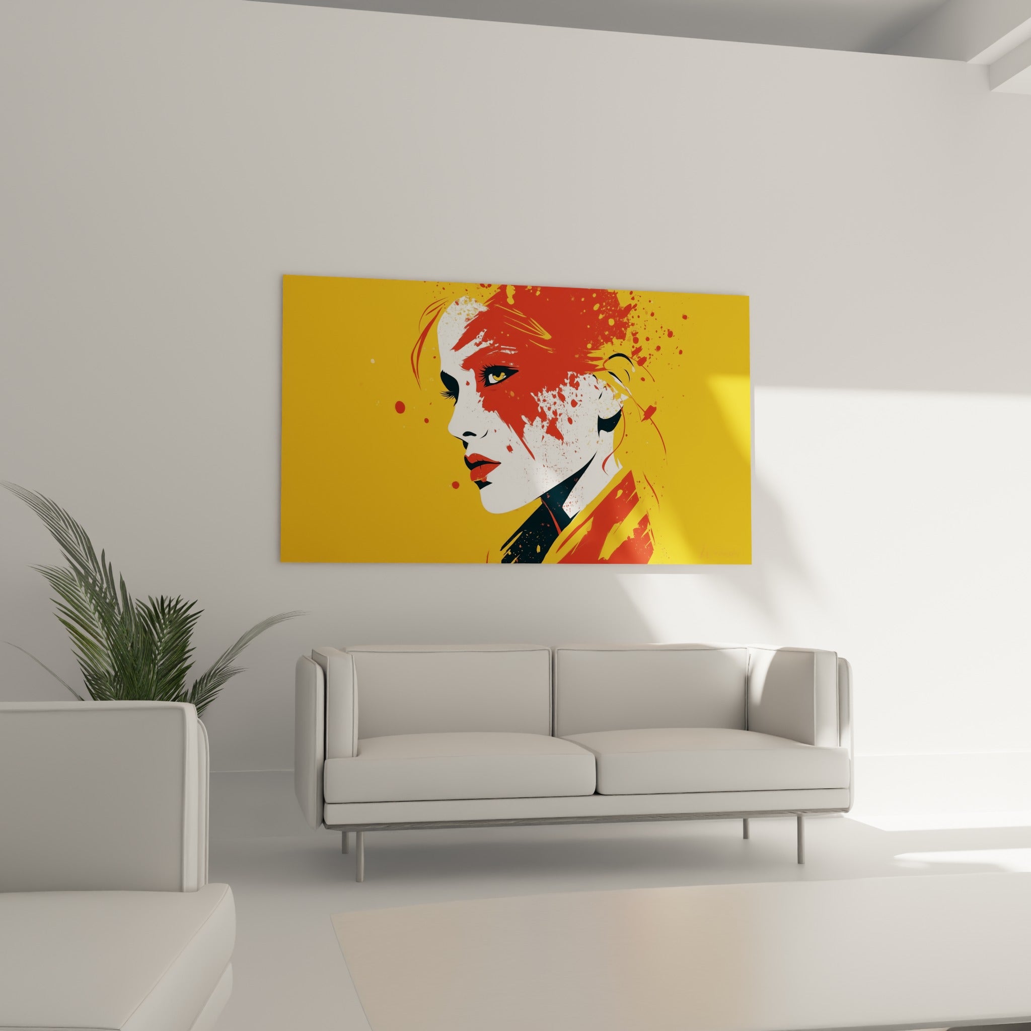 Profil féminin blanc et rouge sur fond jaune du visage abstrait, au-dessus d'un canapé dans un salon lumineux